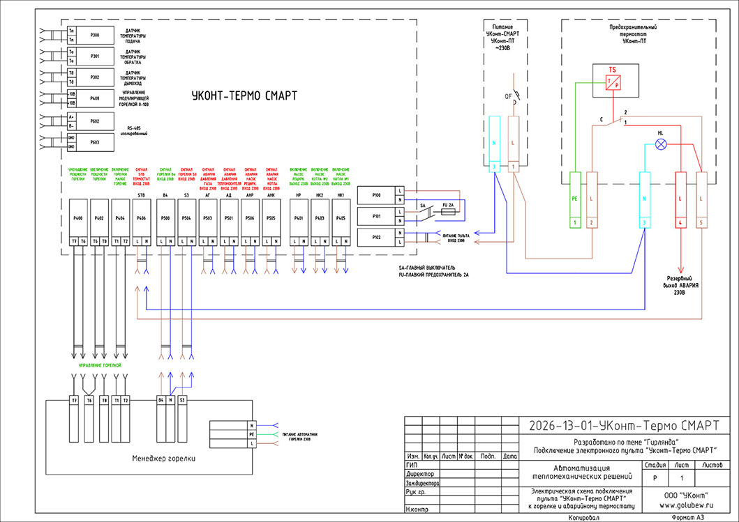 Пульт "УКонт-Термо СМАРТ " и аварийный термостат "УКонт-ПТ" схема подключения.