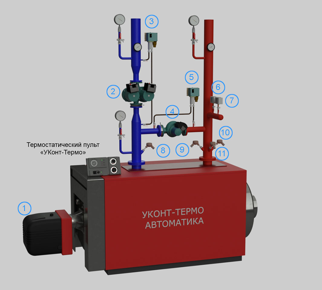 Принципиальная схема подключения термометров, насосов и реле давления котла к термостатическому пульту "УКонт-Термо".